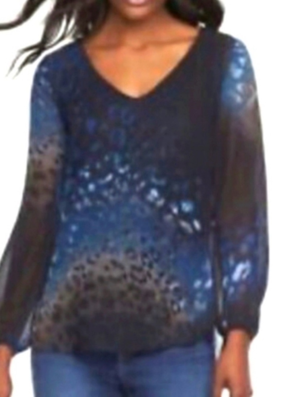 Juicy Couture Leopard Print Black Blue Sheer High low V-neck Blouse Size XL